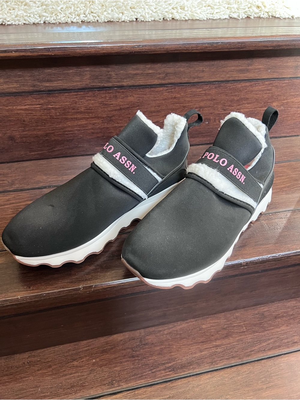 U.S. Polo Assn. Black Slip-On Winter Boots with White Faux Fur and Pink Logo